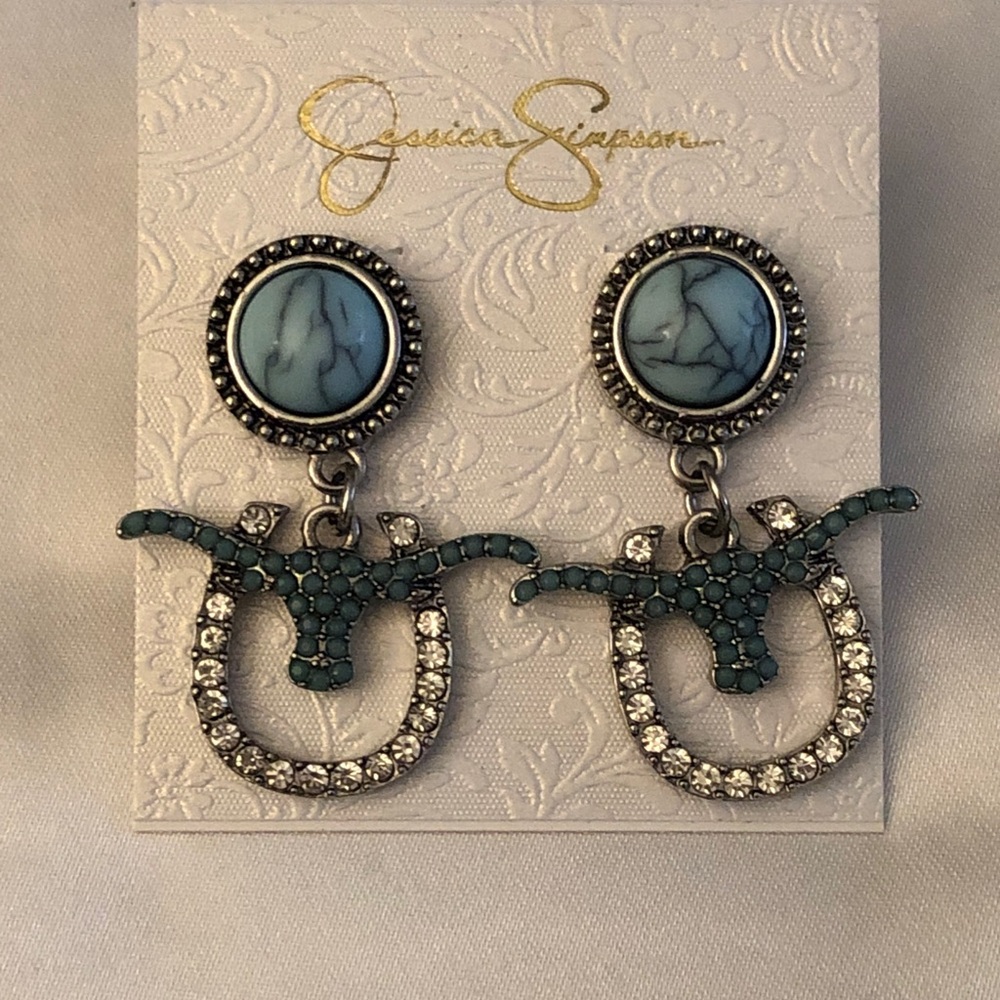 Jessica Simpson Silver Tone Drop Earrings Crystal Horseshoe & Longhorn Steer NWT